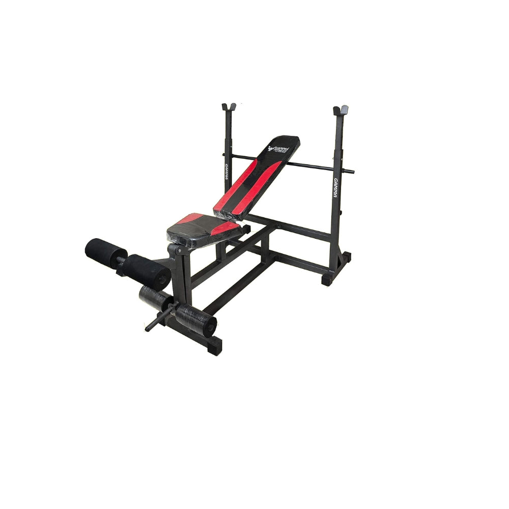 Gamma Fitness MB-125 Bench Combo With Olympic Steel Plates, Olympic 7FT Straight Rod, Olympic 4FT Curl Rod