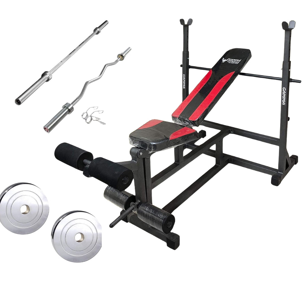 Gamma Fitness MB-125 Bench Combo With Olympic Steel Plates, Olympic 7FT Straight Rod, Olympic 4FT Curl Rod