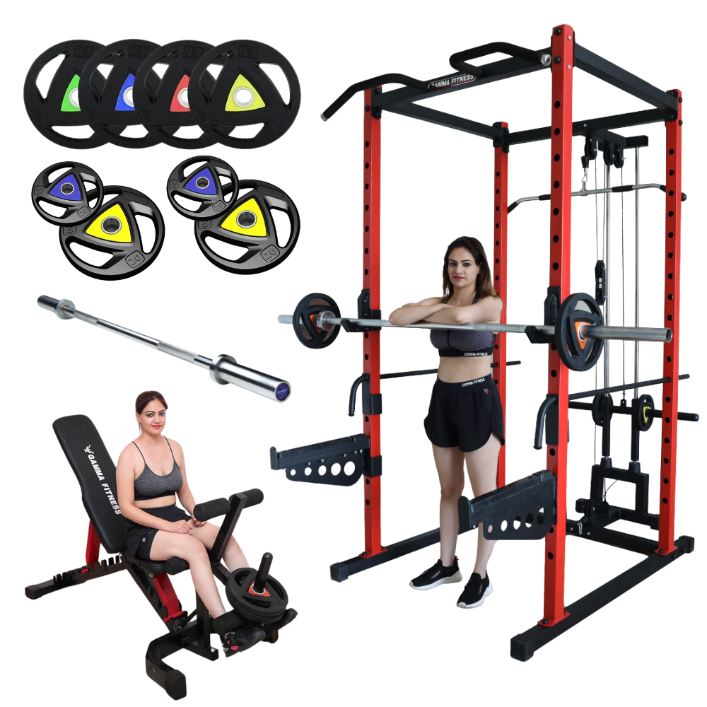 Power Squat Rack PR-40 Combo With Olympic 7 Feet Barbell, Adjustable Bench MB-600 & Rubber Coated Weight Plates