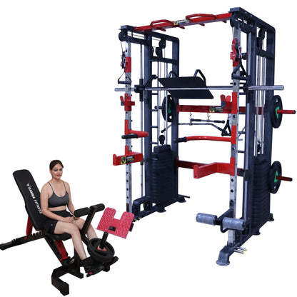 GAMMA FITNESS FTS-101 Multi Gym Functional Trainer with Smith Machine and Multi adjustable bench MB-400 for Home Gym Equipment (Black and Red)