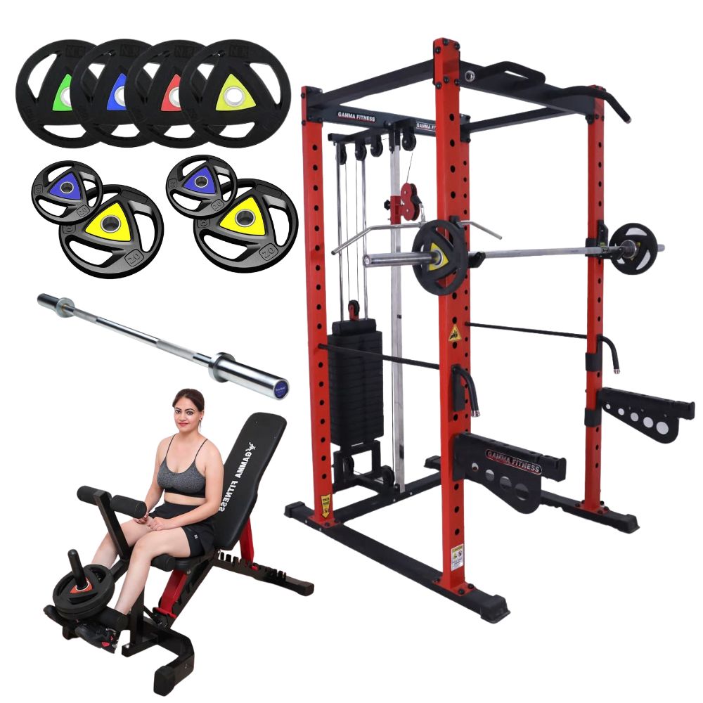 Power Squat Rack PR-22 Combo With Olympic 7 Feet Barbell, Adjustable Bench MB-400 & Rubber Coated Weight Plates