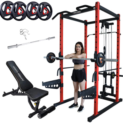 Power Rack PR-40 With 7ft Barbell, Olympic Rubber Coated Plates and Adjustable bench AB-201