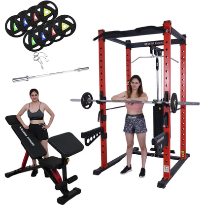 Power Squat Rack PR-40 FS Combo With Olympic 7 Feet Barbell, Adjustable Bench MB-400 & Rubber Coated Weight Plates