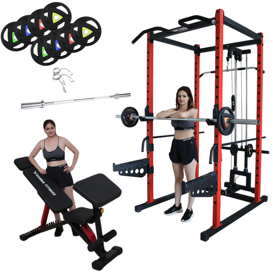 Power Squat Rack PR-40 Combo With Olympic 7 Feet Barbell, Adjustable Bench MB-600 & Rubber Coated Weight Plates