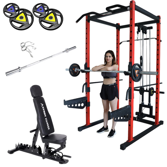 Power Squat Rack PR-40 Combo With Olympic 7 Feet Barbell, Adjustable Bench MB-900 & Rubber Coated Weight Plates