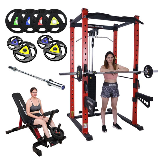 Power Squat Rack PR-42 Combo With Olympic 7 Feet Barbell, Adjustable Bench MB-400 & Rubber Coated Weight Plates